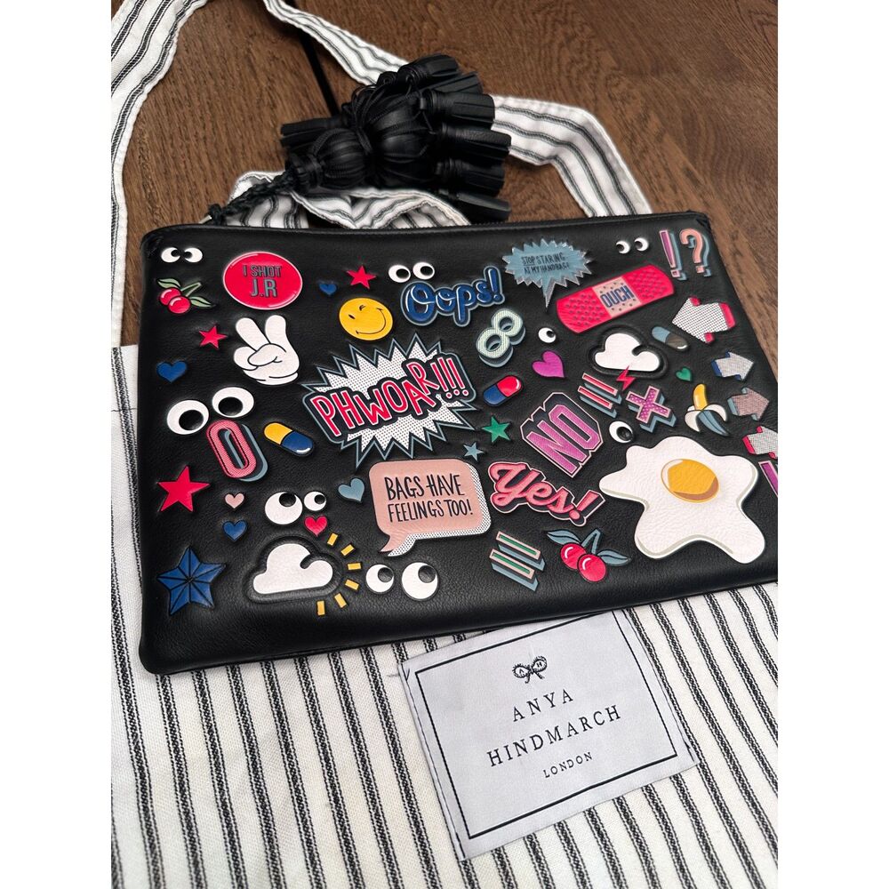 Anya Hindmarch Georgiana All Over Wink Sticker Clutch Bag Black Leather